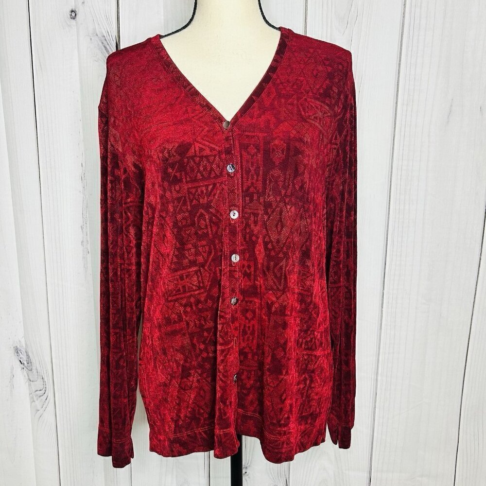 Chicos Size 2 (L 12) Dark Red Cardigan Slinky Button Up V-Neck